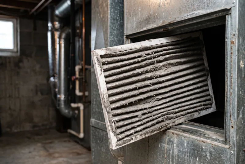 A dust-clogged furnace filter pulled partway out of its slot