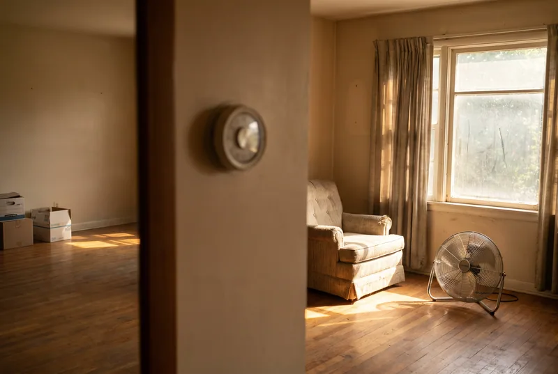 Sun-baked living room on a hot afternoon with a floor fan running and a thermostat on the wall