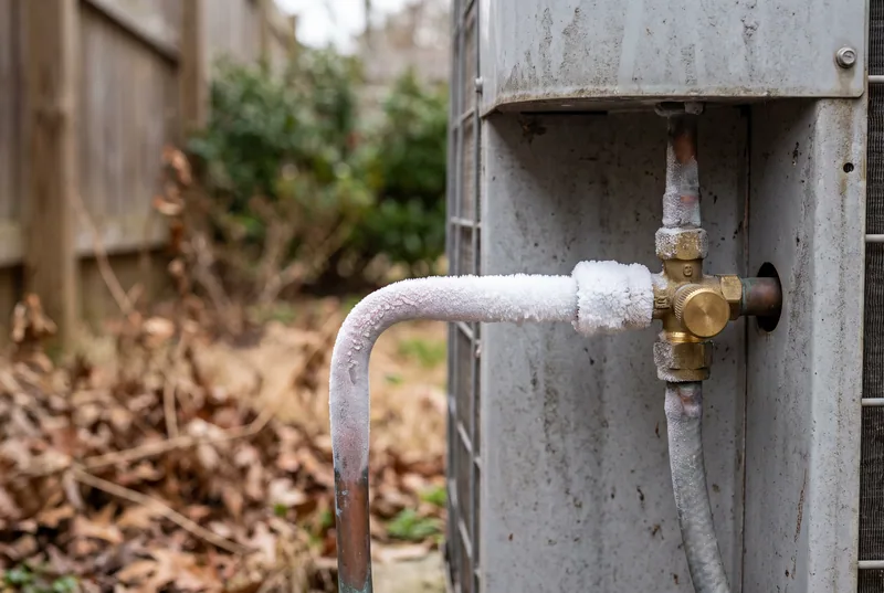 Frost on the refrigerant line and service valve of an outdoor air conditioning unit